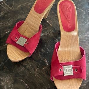 CHANEL SUEDE AND WOOD SLIDE HEELS